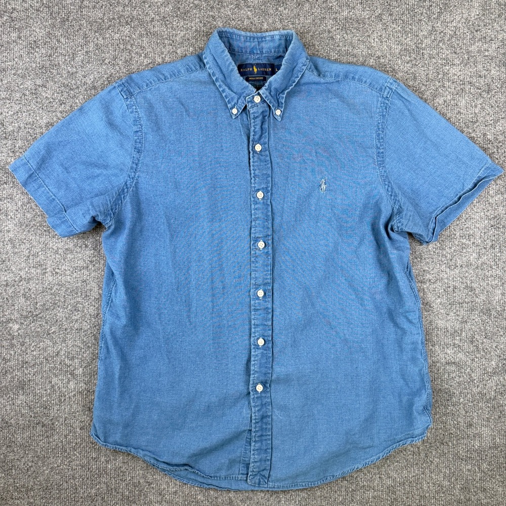 Polo Ralph Lauren Indigo Oxford Shirt Mens L Blue Short Sleeve Button Up Preppy